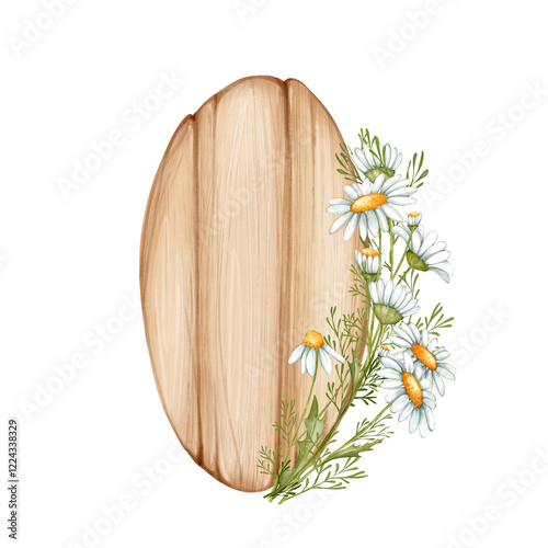 Wooden signboard with daisy flowers. Signs with place for messages photo