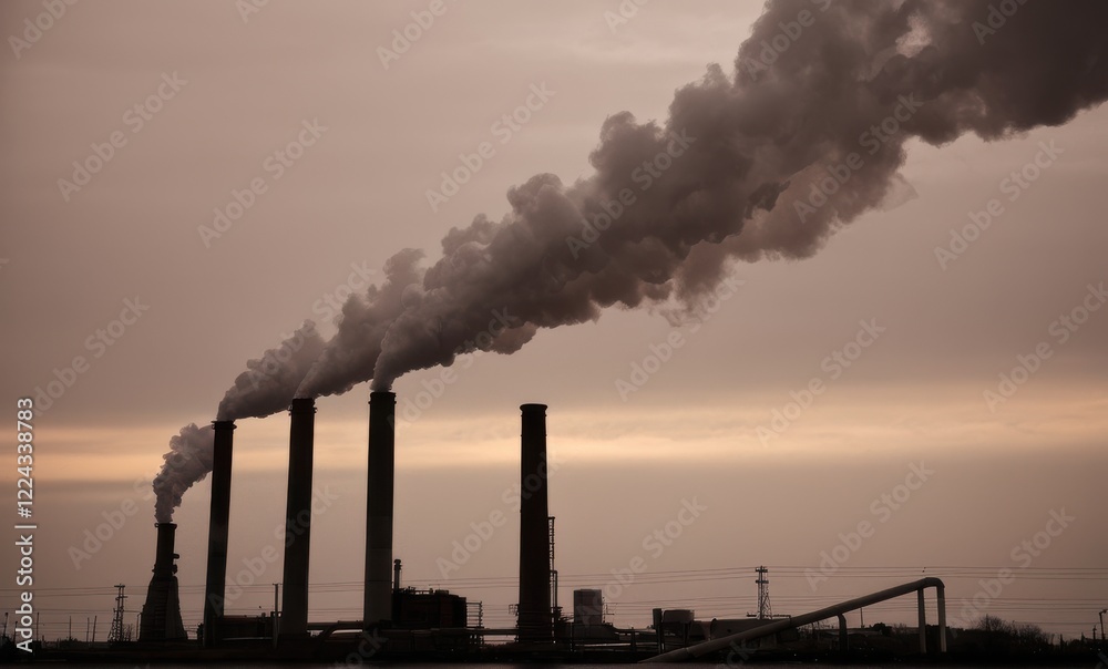 Silhouetted Industrial Plant with Dark Smoke at Twilight Silhouetted Industrial Plant with Dark Smoke at Twilight