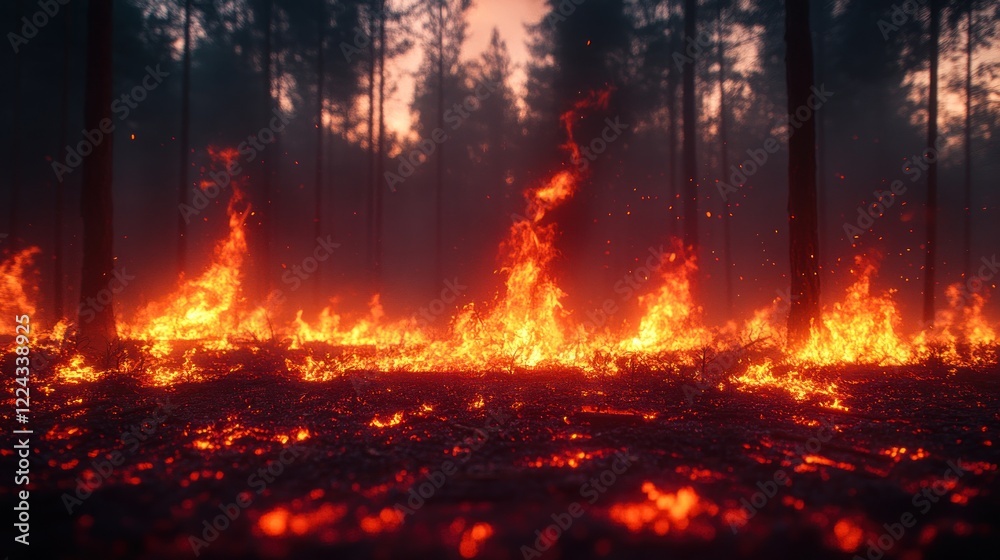 Inferno in the Woods: A Fiery Forest at Dusk Inferno in the Woods: A Fiery Forest at Dusk