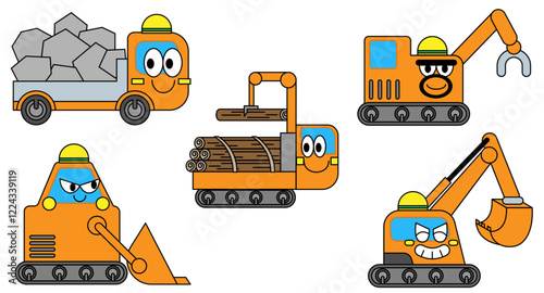 トレーラー、ダンプカー、ショベルカー、ハーベスターなどの働く車のイラスト