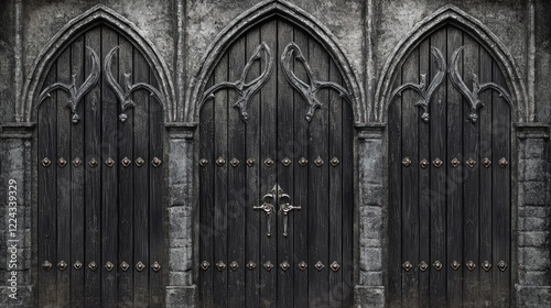 Gothic church triple doors, stone archway, dark background, backdrop