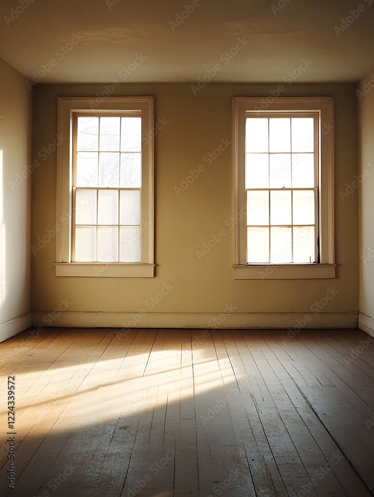 Empty Room with Hardwood Floors Illuminated by Sunlight Through Dual Windows : Generative AI Empty Room with Hardwood Floors Illuminated by Sunlight Through Dual Windows : Generative AI