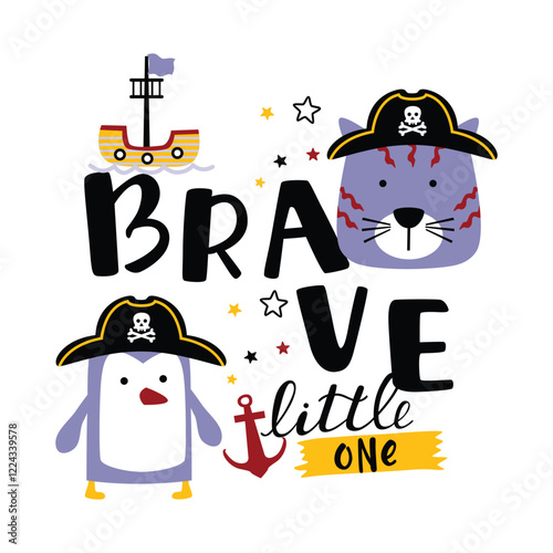 Cartoon penguin and cat dressed as pirates with ship and anchor. Pirate adventure concept
