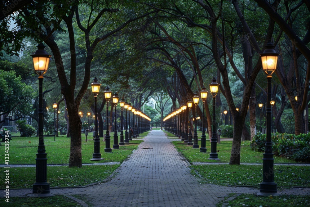 Obraz premium A long path lined with lit lamp posts and lush trees. AI generative. .