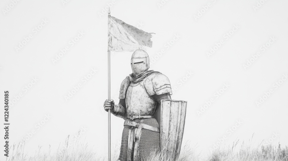 Obraz premium Medieval knight in full armor holding a flag and shield in a field.