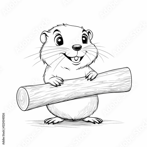 A cheerful cartoon groundhog holding a wooden log with an adorable smile. photo