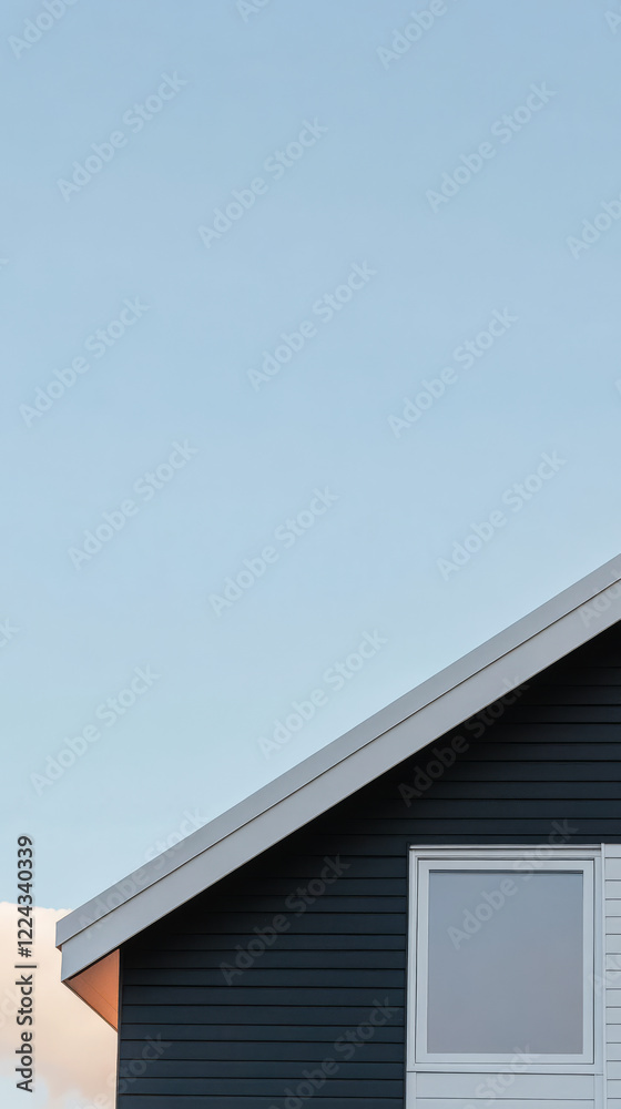 Modern architecture highlights a sleek roofline against a clear blue sky Modern architecture highlights a sleek roofline against a clear blue sky