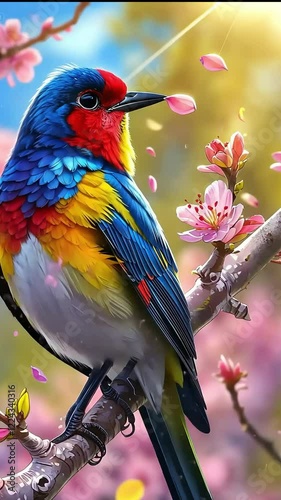 A colorful red and yellow macaw parrot perched on a branch in a tropical setting with vibrant feathers and exotic beauty photo