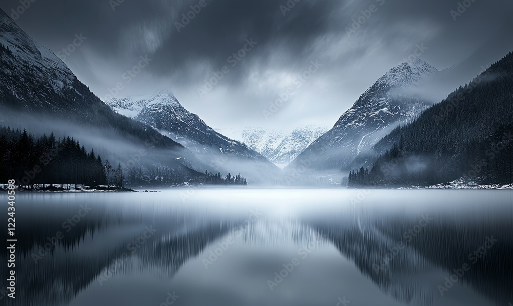 Obraz premium Misty mountain lake reflection at dawn with snowy peaks and pine trees