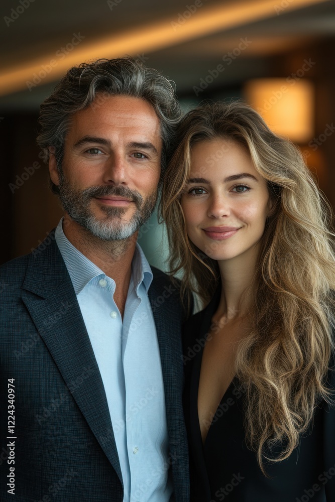 Two confident executive managers standing together in modern office portrait with arms crossed looking at camera Two confident executive managers standing together in modern office portrait with arms crossed looking at camera