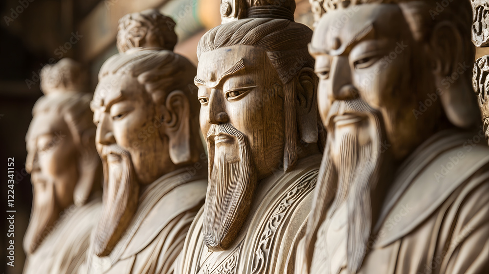 Intricate Wooden Statues of Ancient Asian Philosophers in a Historic Setting : Generative AI Intricate Wooden Statues of Ancient Asian Philosophers in a Historic Setting : Generative AI
