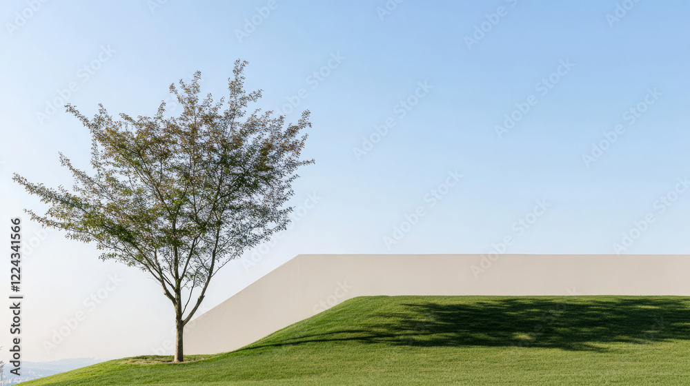 Fototapeta premium Elegant tree on a grassy hill under blue sky with minimalistic design