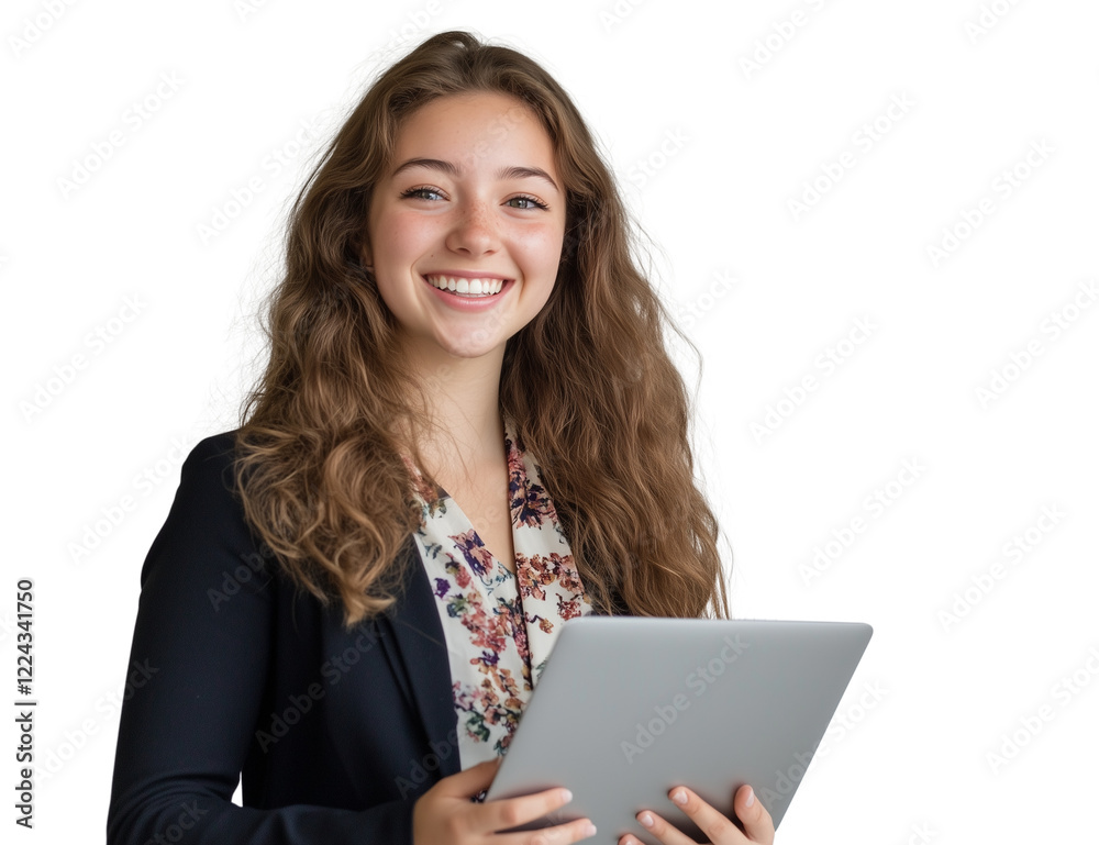 Smiling Young Woman in Business Attire Holding Tablet Against White Background, Professional and Modern Concept Smiling Young Woman in Business Attire Holding Tablet Against White Background, Professional and Modern Concept