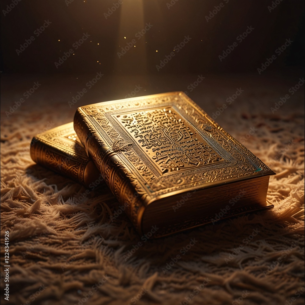 Fototapeta premium A glowing golden Quran open on a prayer mat, surrounded by ethereal light rays, UHD, soft cinematic tones.
