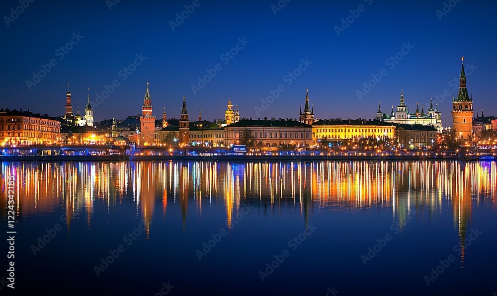 Moscow Kremlin at night reflecting in river, cityscape illumination Moscow Kremlin at night reflecting in river, cityscape illumination
