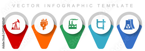 Industrial pointer collection, miscellaneous icons such as oil industry, electricity, factory and nuclear power plant, flat design vector infographic templatev
