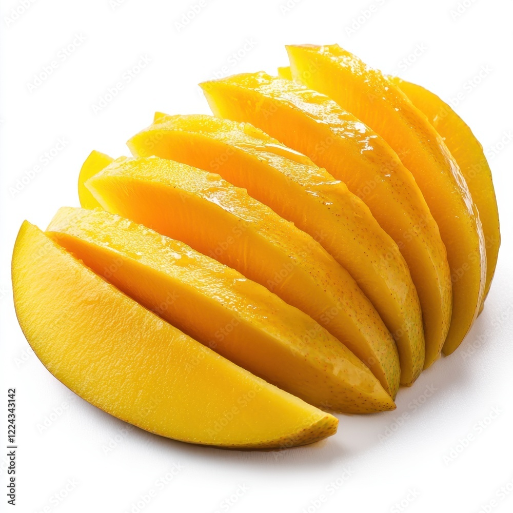 Ripe mango slices arranged neatly on a white background for a fresh fruit display or culinary presentation Ripe mango slices arranged neatly on a white background for a fresh fruit display or culinary presentation