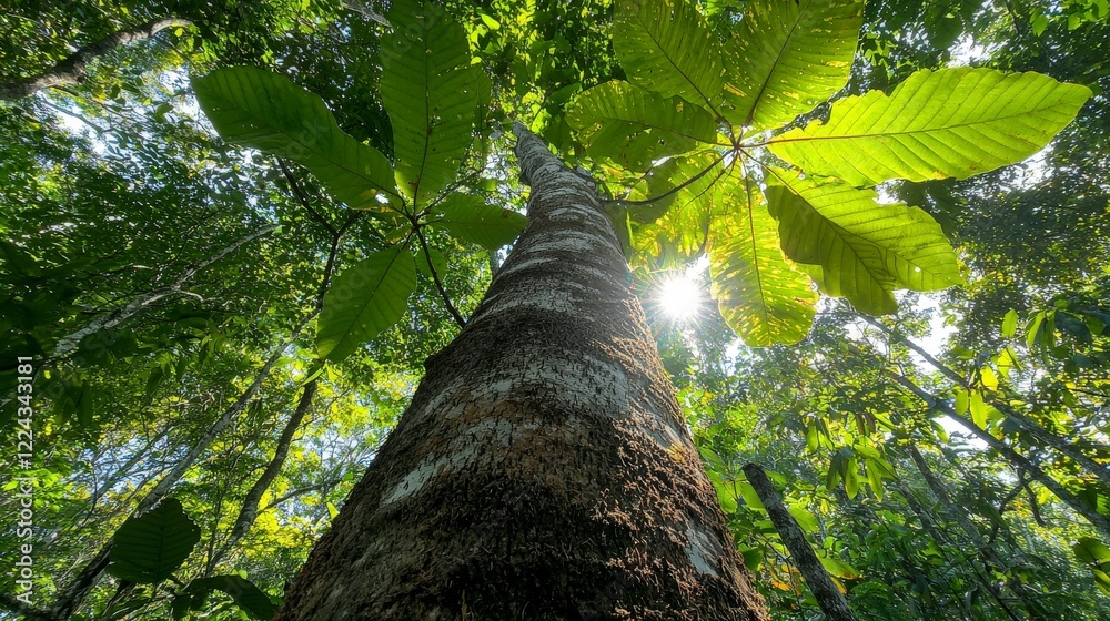 Fototapeta premium Majestic tall tropical tree with broad green leaves reaching towards sunlit canopy in dense rainforest