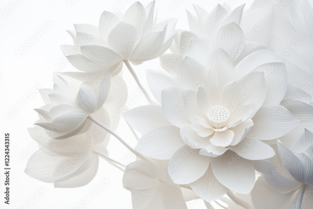 Obraz premium lotus flowers and leaves radiating from center in soft white tones