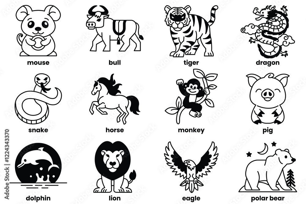 Set of illustrations in the concept of animals and zodiacs in line art style Set of illustrations in the concept of animals and zodiacs in line art style