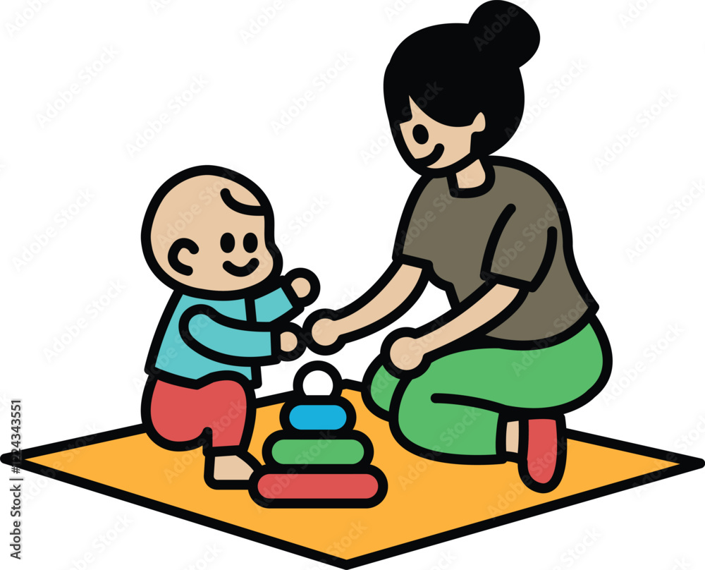A woman is holding a baby and playing with a stack of blocks A woman is holding a baby and playing with a stack of blocks