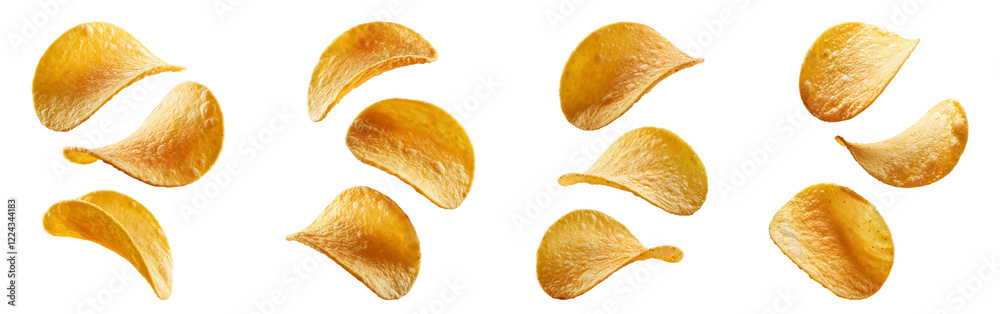 Potato chips falling in a transparent background, PNG set Potato chips falling in a transparent background, PNG set