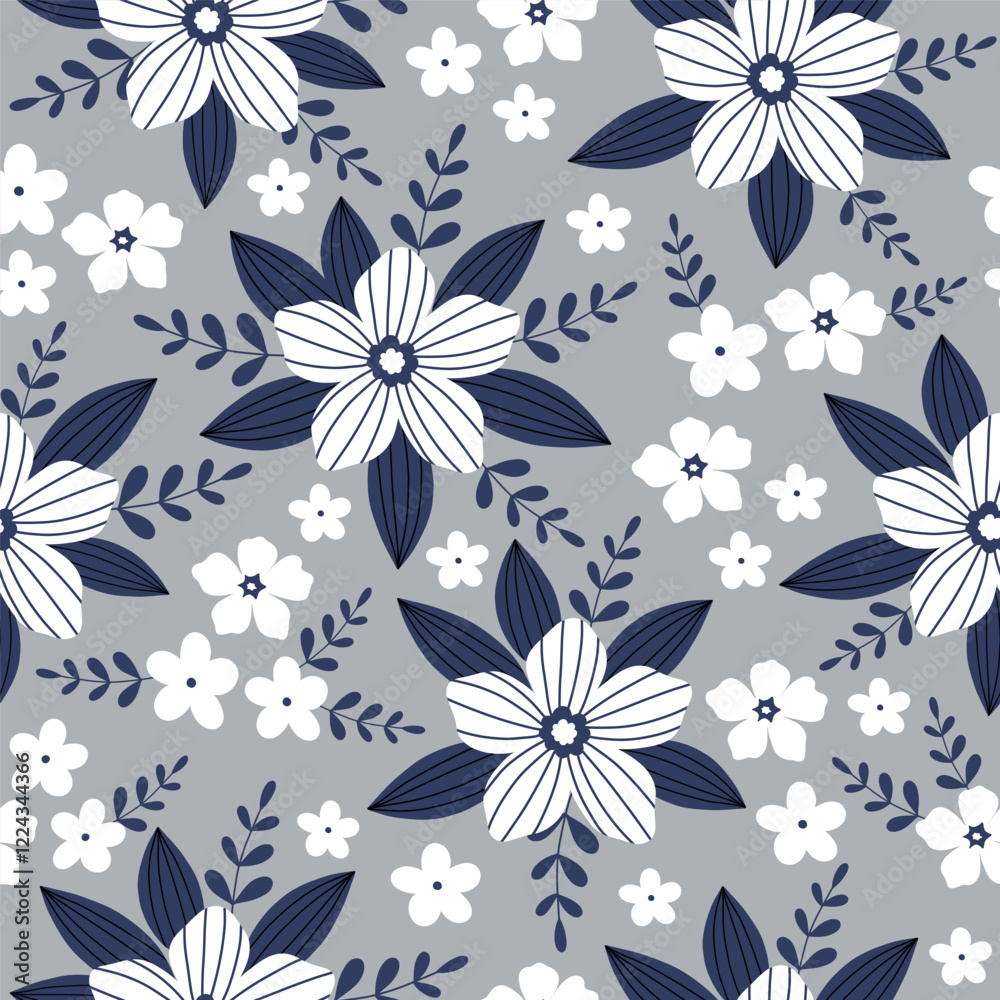 Fototapeta premium Seamless pattern with white flowers on grey background. Hand drawn floral pattern for your fabric, summer background, wallpaper, backdrop, textile. Vector illustration