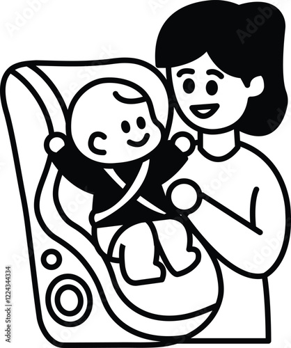 A woman is holding a baby in a car seat