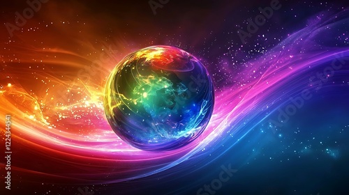 A globe with colorful energy beams swirling around it high quality 