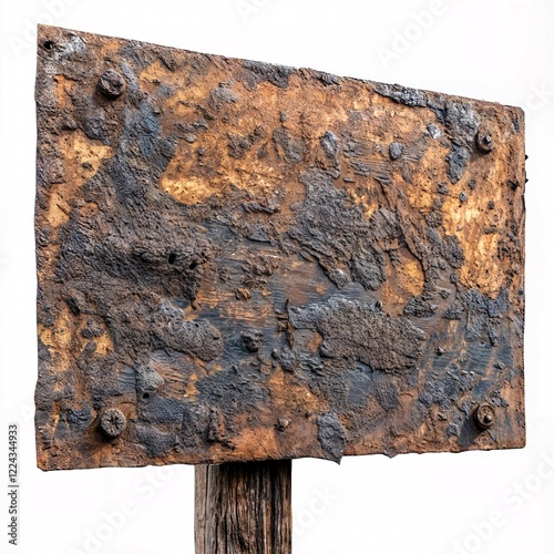 old, badly corroded and rusted sign with deteriorated surface and white background