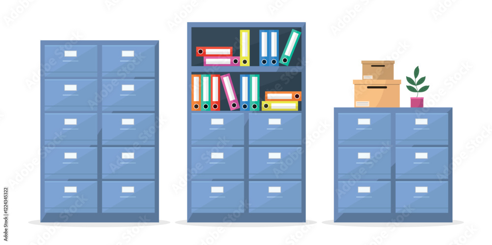 Set of office cabinet icons with files and folders on white background. Set of office cabinet icons with files and folders on white background.