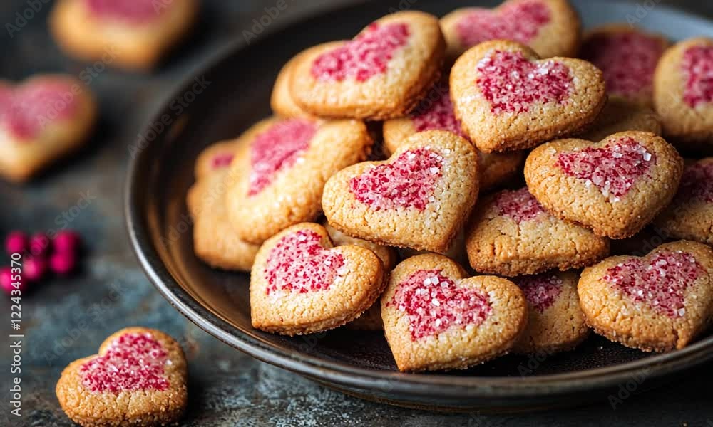 custom made wallpaper toronto digitalA plate of heart-shaped cookies with pink sprinkles, set on a rustic table with scattered candies