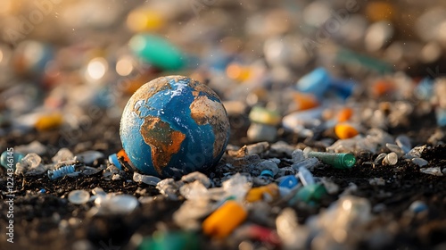A miniature Earth engulfed in plastic waste, a poignant visual metaphor for environmental pollution and the urgent need for sustainable practices.