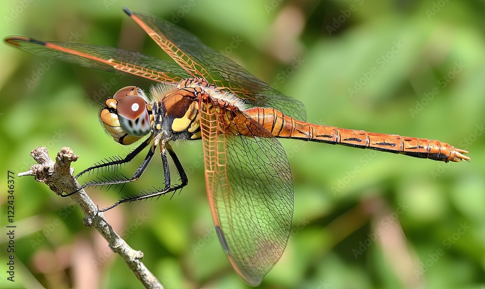 Orange dragonfly perched on branch with blurred green background Orange dragonfly perched on branch with blurred green background