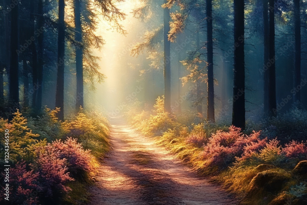 Obraz premium Ethereal Forest Trail with Vibrant Colors and Soft Light Through Autumn Foliage