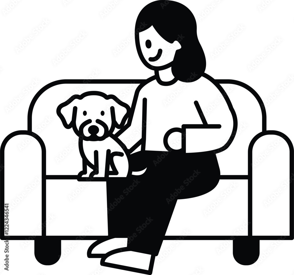 A woman sits on a couch with a dog on her lap A woman sits on a couch with a dog on her lap