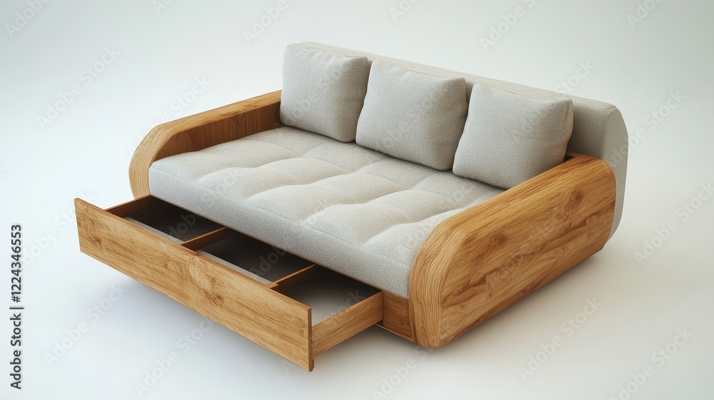Obraz premium Modern sofa with wooden frame and storage drawers. Perfect for minimalist interior design showcasing functionality and style.