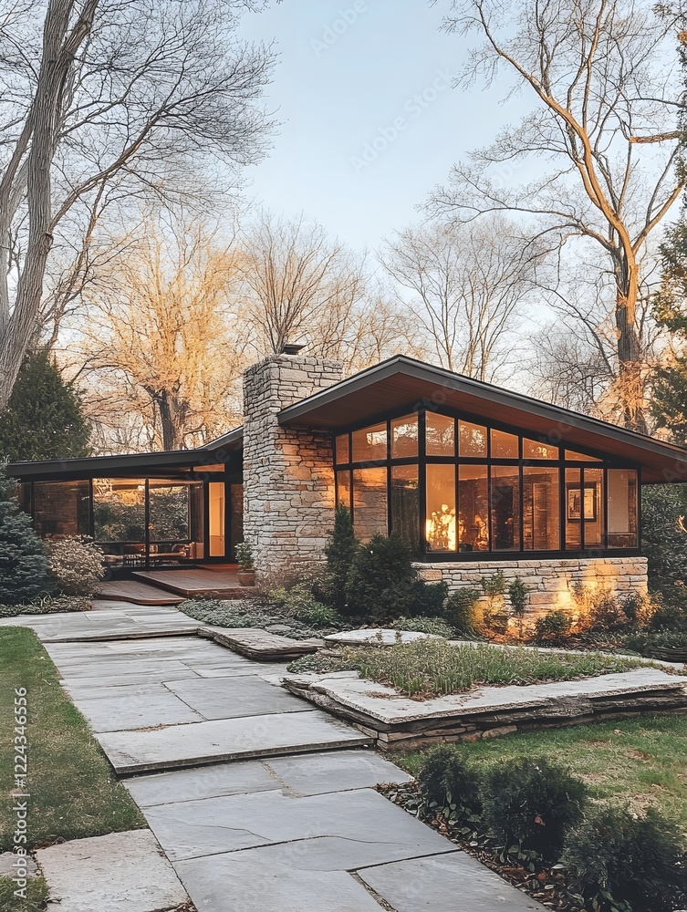 Fototapeta premium A mid-century modern home with a flat roof, geometric design elements, and a stone-covered facade.