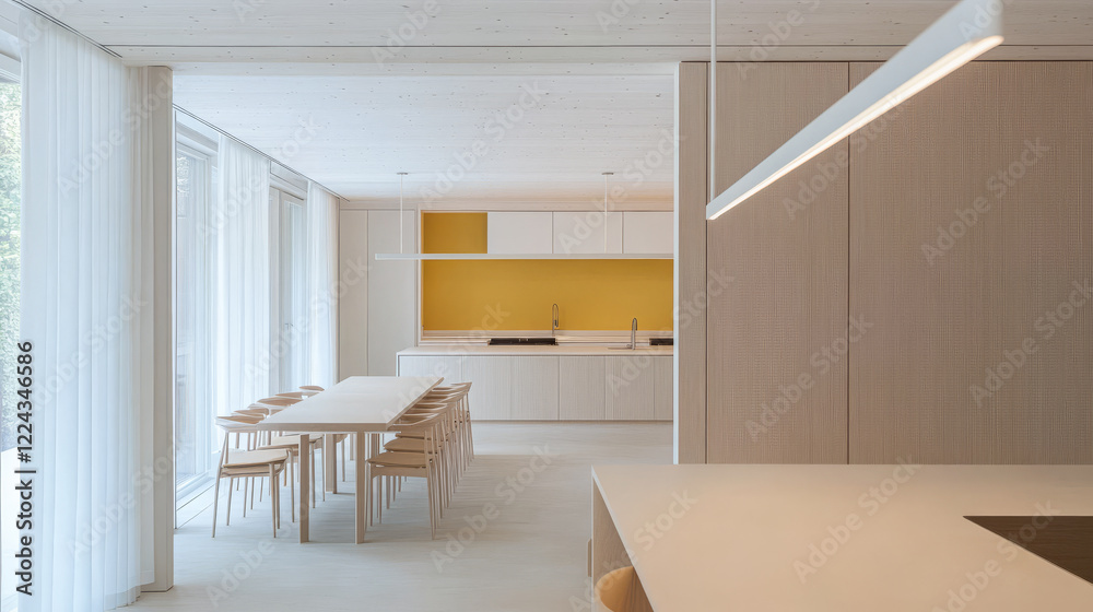 Fototapeta premium Modern kitchen and dining area featuring minimalist design and natural light in a spacious setting