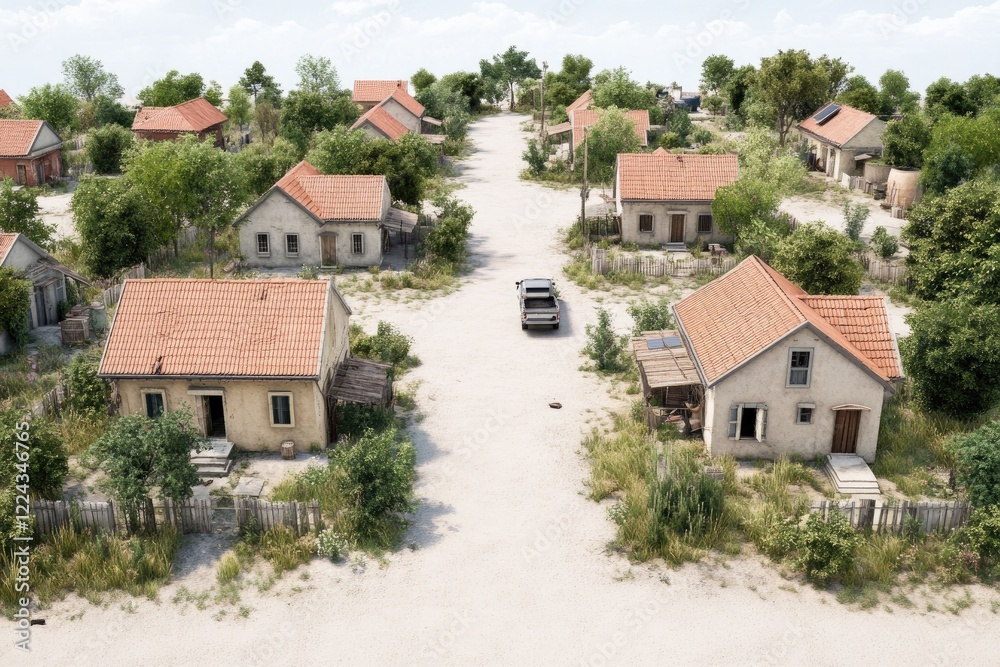 Aerial view of a serene village with rustic houses, a dirt road, and lush greenery under a clear sky Aerial view of a serene village with rustic houses, a dirt road, and lush greenery under a clear sky