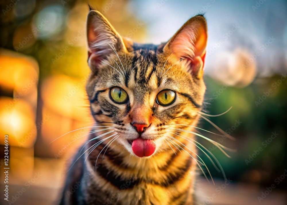 Adorable Striped Cat Licking Lips After Meal - Happy Feline Outdoors in Low Light Adorable Striped Cat Licking Lips After Meal - Happy Feline Outdoors in Low Light