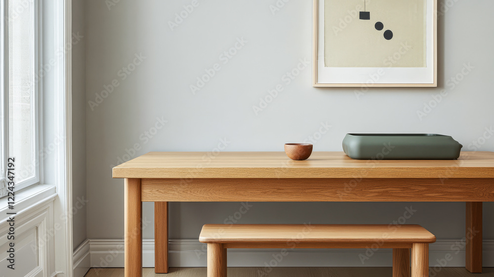 Fototapeta premium Minimalist wooden table setup with decorative elements in a bright room