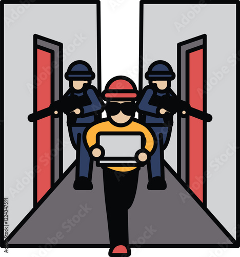 Three men are running down a hallway, one of them holding a laptop