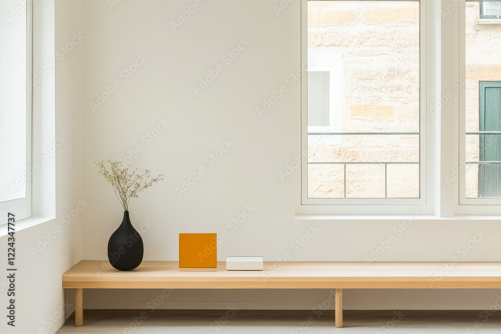 Fototapeta premium Modern interior design featuring minimalist decor with vase and geometric shapes