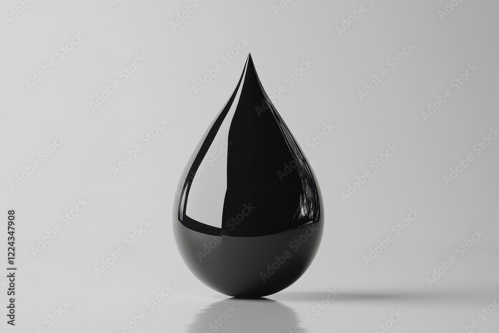 A single black droplet rests on a white background A single black droplet rests on a white background