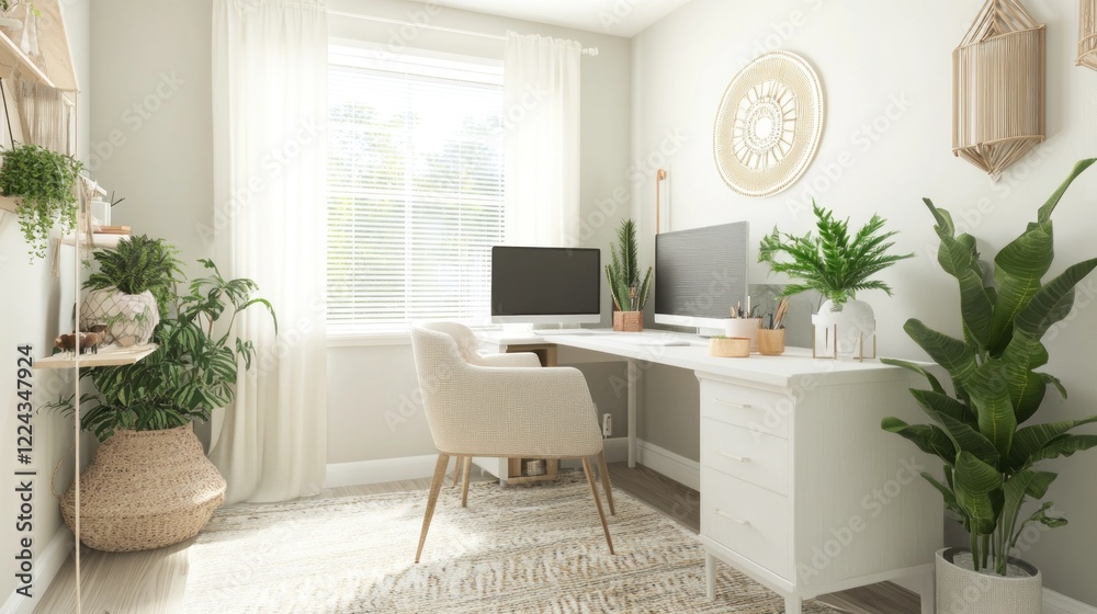 Bright airy workspace with white desk neutral tones natural light and indoor plants creates a serene work environment Bright airy workspace with white desk neutral tones natural light and indoor plants creates a serene work environment