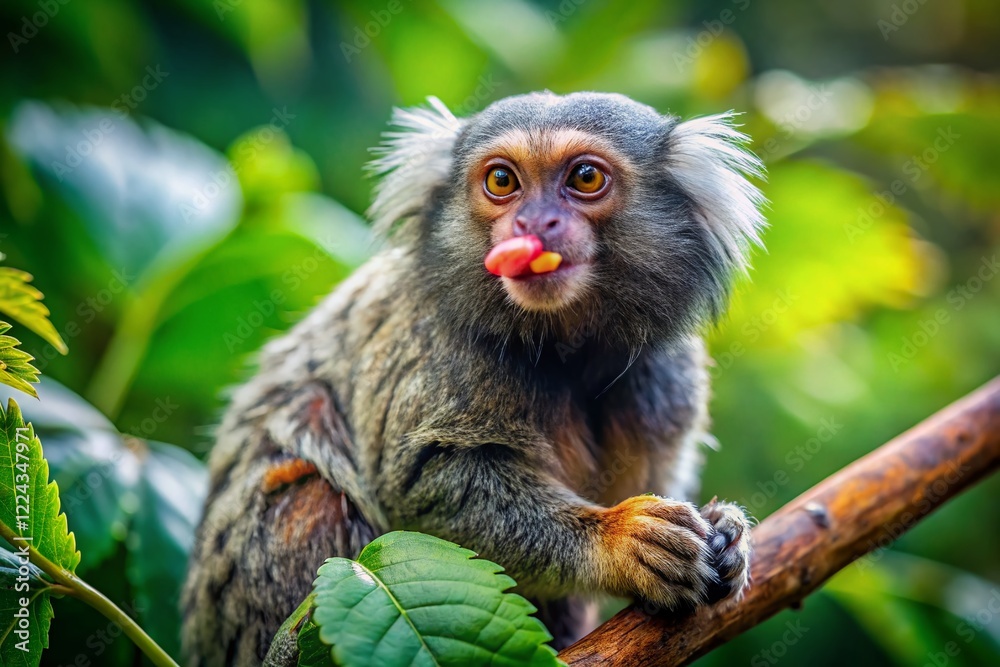 Naklejka premium Adorable Tiny Marmoset Monkey on Branch, Curious Expression, Wildlife Photography