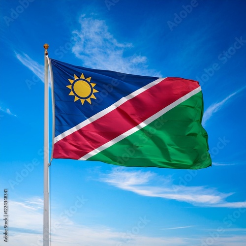 Namibian flag waving in the wind on a blue sky background photo