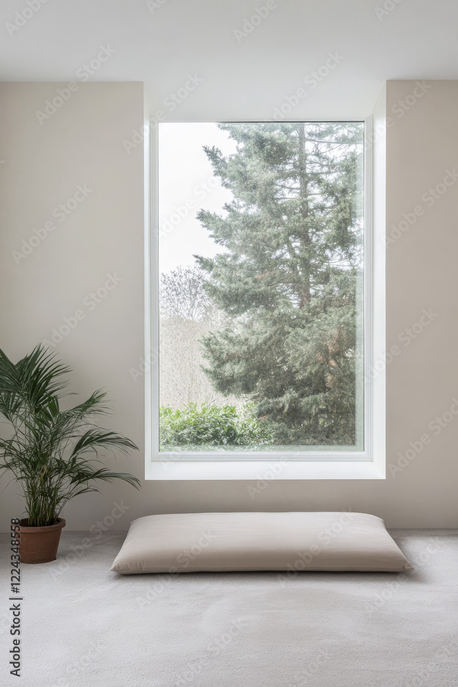 Obraz premium Minimalist interior with large window and natural light illuminating a tranquil space