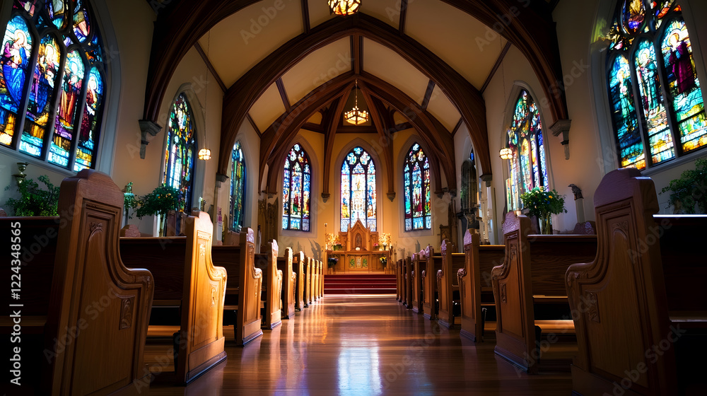 Fototapeta premium Stained Glass Windows Illuminate Majestic Church Interior : Generative AI